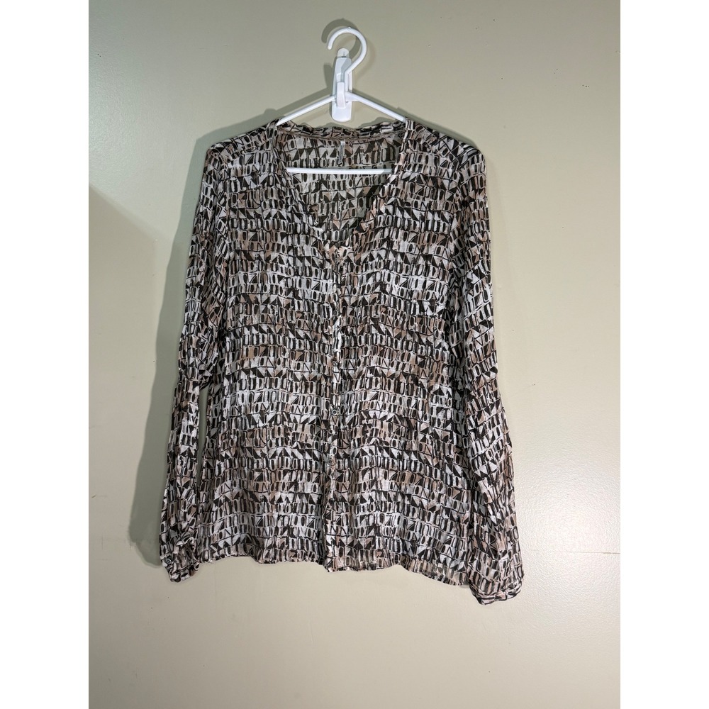 Soyaconcept Abstract Geometric Print Button Down Blouse Brown Tan XL 10157-40
